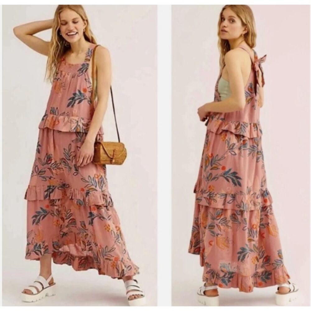 Free People Anita Desert Rose Combo Floral‎ Ruffled Tiered Maxi Dress Size Large